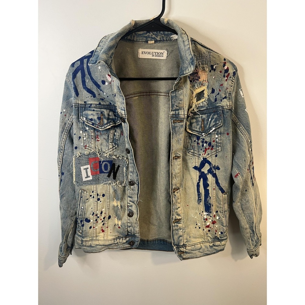 Evolution In Design Denim Jacket Youth XL 18-20 Distressed Paint Splatter ICON